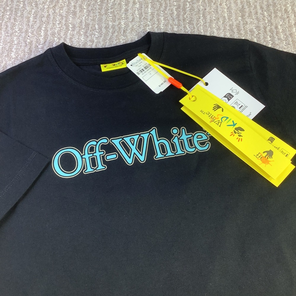Off-White Black Tee with Teal and White Logo